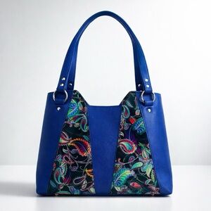 Brand New Vibrant Blue Faux Leather Statement Paisley Shoulder‎ Tote Bag Medium